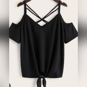 Shein Black Cold Shoulder Top With Criss Cross Design And Tie Waist
